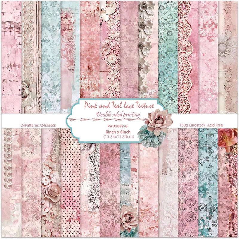 EAMOTOL 6 Inch Retro Pink Scrapbooking Paper Pad - 24 Sheets Double Sided Aesthetic Design Cards Paper for Photos Album Journals Material Decorative Collage Origami DIY Crafts Gifts Wrapping - Image 1